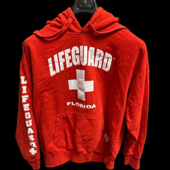Lifeguard Hoodie Sweatshirt Adult Large Red Pullover Florida Drawstring Mens - Picture 5 of 7